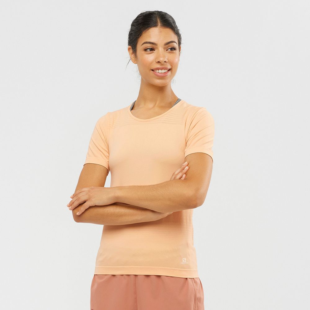 Salomon Singapore Womens T-shirts - ESSENTIAL MOVE ON SEAMLESS Beige | 09726-OWZJ